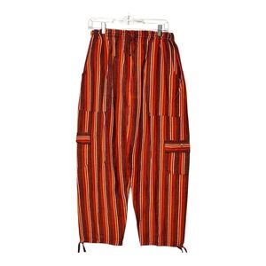 Boho Striped Cargo Pants Wide Leg Elastic Waist Drawstring Patch Pockets Y2K XL